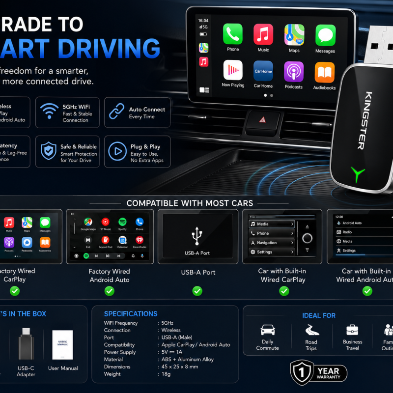 KINGSTER 2-in-1 Wireless CarPlay Adapter & Android Auto Adapter