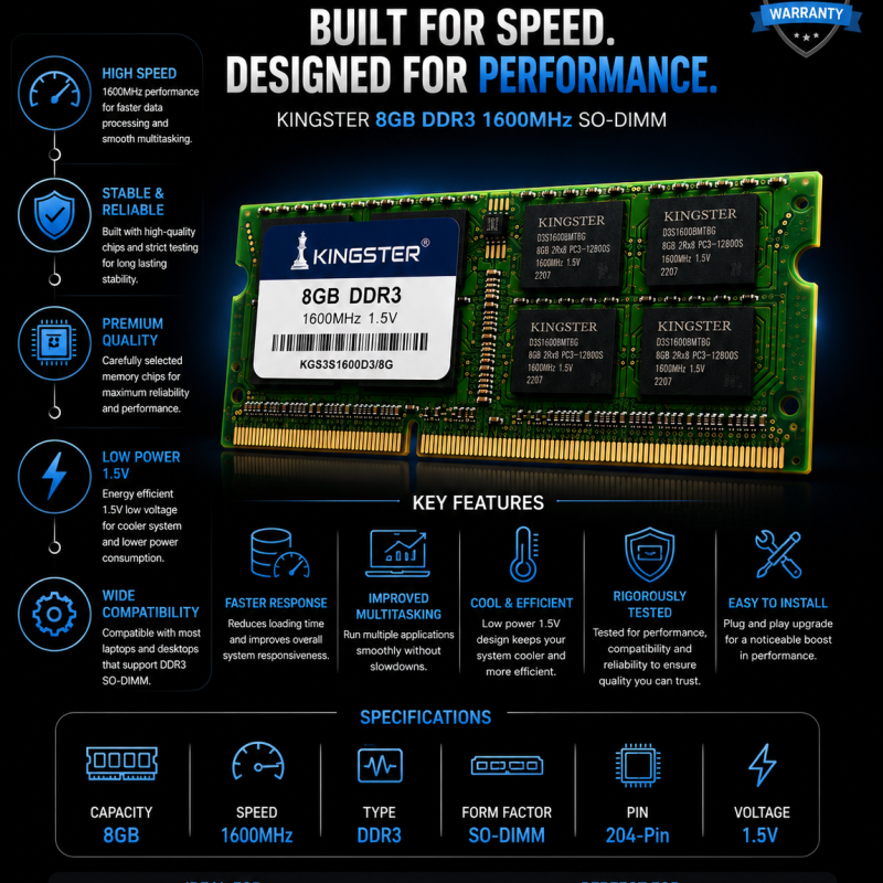 KINGSTER® High-Performance Laptop RAM DDR3 8GB (1600MHz Low-Voltage)